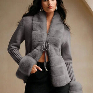 Dark Grey Casual Women's Elegant Faux Fur Knit Cardigan Sweater